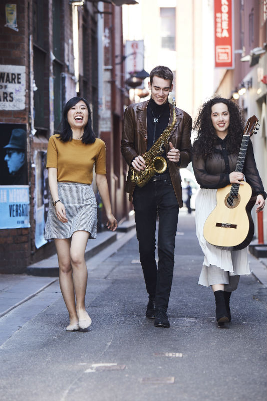 Ng Sze Min with fellow Conservatorium of Music students Keidan Morley (saxophone) and Rose Gonzalez (guitar). Image by John O’Rourke.