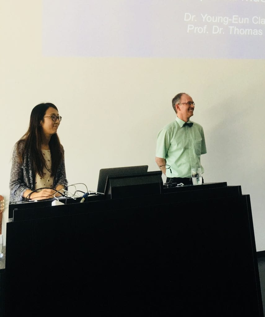 Dr Claire Lee gets some laughs during her presentation with Professor Thomas Wosch. Image supplied.
