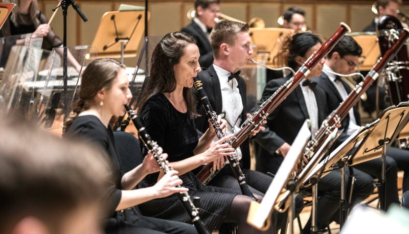 Principal Clarinetist Natasha Fearnside (centre) and the wind section at the Singapore Esplanade Concert Hall. By Chris P Lim.