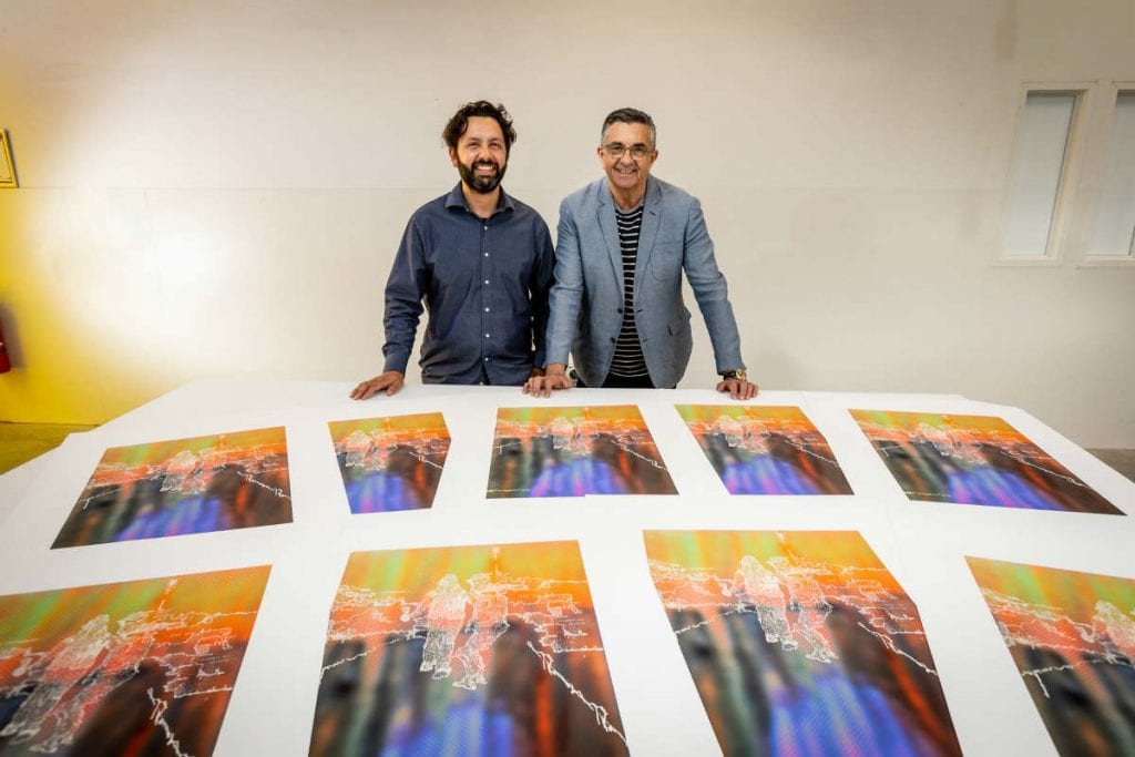 Printmaker Trent Walter with VCA Director Jon Cattapan in the new screenprinting studio. Photo by Sav Schulman.