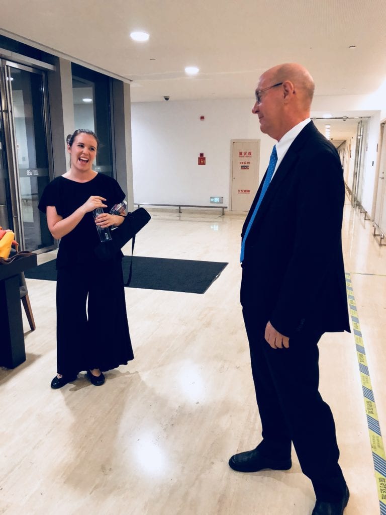 Flautist Lauren Gorman shares a post-concert smile with Conservatorium Director Gary McPherson in Shanghai. By Paul Dalgarno.