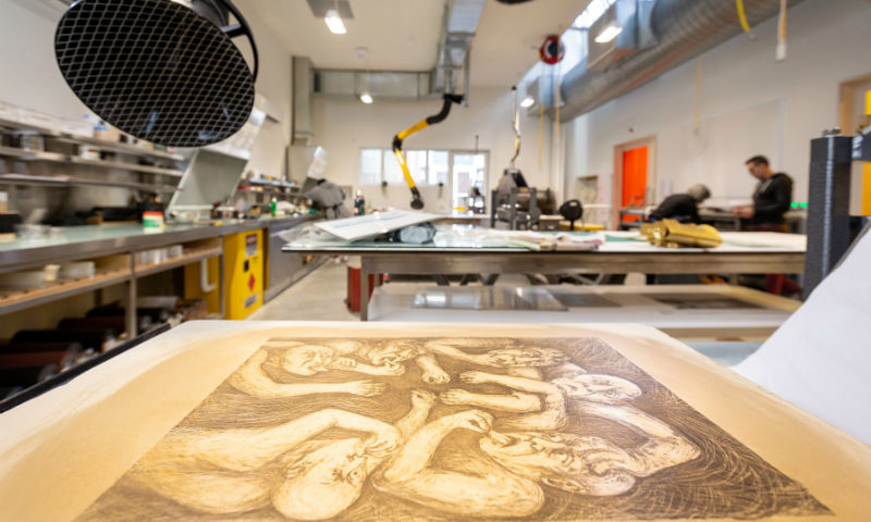 Work in progress by second year Bachelor of Fine Arts (Drawing and Printmaking) student Daisy Atkin-Harrison in the lithographic workshop. Photo by Sav Schulman.