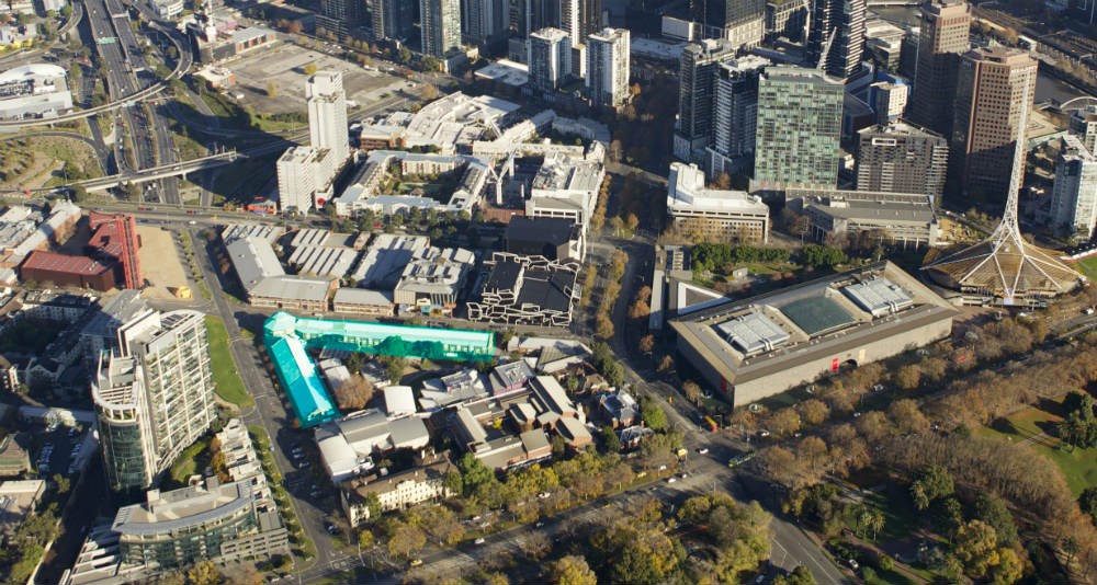 Aerial view of the Southbank campus, with The Stables highlighted. By Cloud 9 Photography.