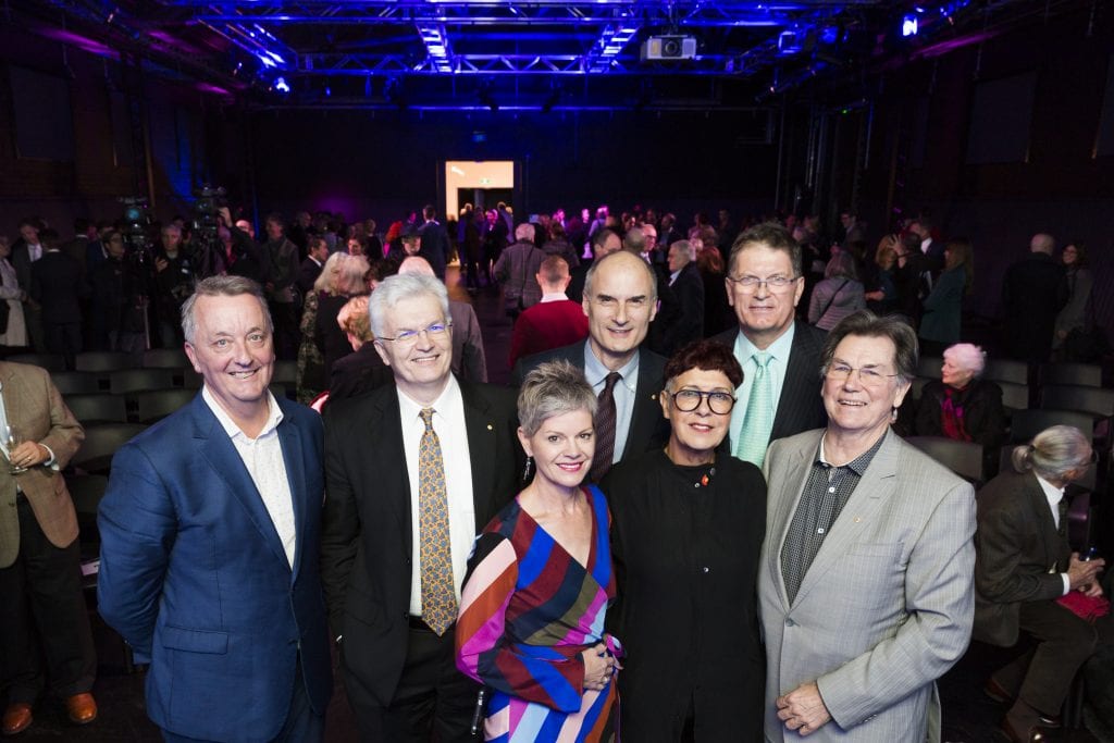 L–R: Minister for Creative Industries Martin Foley MP, Vice-Chancellor Professor Glyn Davis, Faculty Executive Director Jane Richards, Deputy Chancellor Martyn Myer, N’arweet Carolyn Briggs, the Hon. Ted Baillieu, and Faculty Dean Professor Barry Conyngham at the launch of The Stables on 14 May 2018.