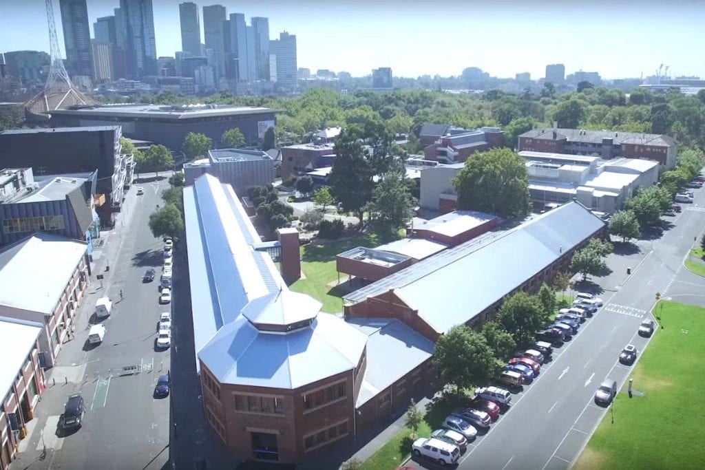 The Stables in the foreground of the Melbourne Arts Precinct. Video still from Bison United, 2018.