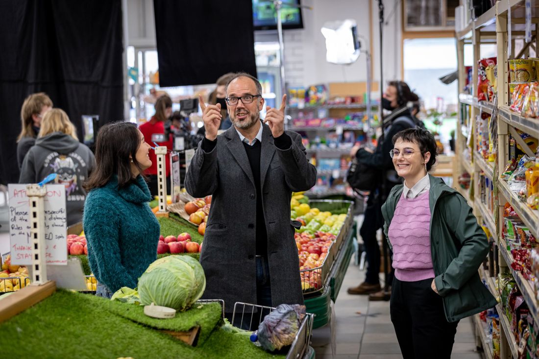 Head of VCA Film and Television Andrew O’Keefe (centre) and MIFF Programmer Mia Falstein-Rush (right) join Master of Film and Television (Narrative) student director Becki Bouchier at a film shoot in Melbourne. Image by Sav Schulman.