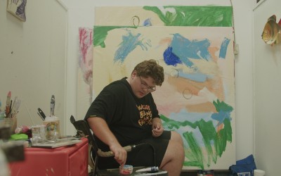 Nicholas Currie in his studio. Still from footage by Jarrod Strauch and Cecelia Hedditch. 