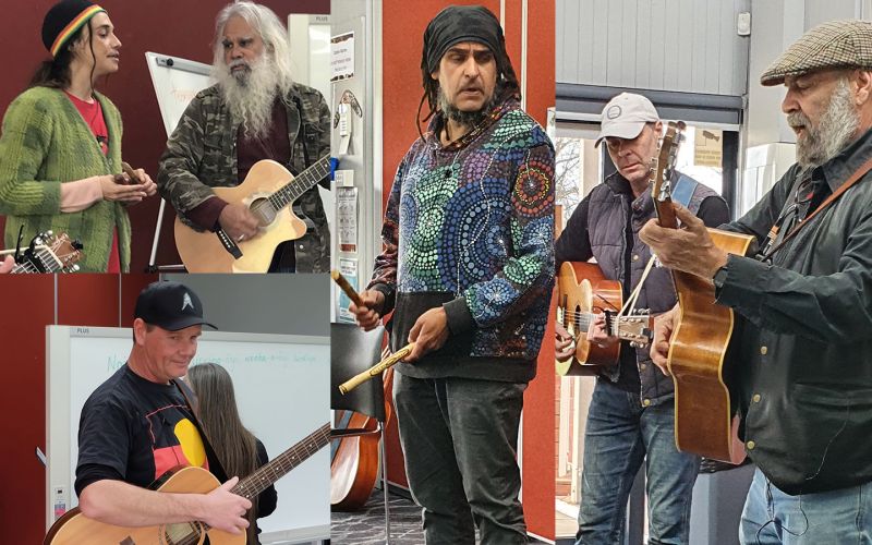 Top left: Yaraan Bundle and Rob Bundle by Sophie Couchman Bottom left: Leigh Boyer by Sophie Couchman Middle: Brett Clarke/Boorook by Jonathan O’Donnell Right: Lee Sonnyboy Morgan and Richard J. Frankland by Jonathan O’Donnell