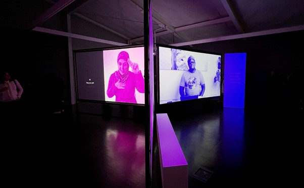 Claire Bridge and Chelle Destefano, What I Wish I'd Told You, with Ayah Wehbe and Walter Kadiki, multi channel video projections with audio and animated captions, Footscray Community Arts, installation view  2022, photo by Mike Wilkins 