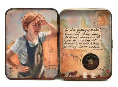 Archibald Prize 2023 finalist, Jill Ansell, Looking east, oil on board and assemblage in found tin, 10.8 x 16.5 cm © the artist, image © Art Gallery of New South Wales, Jenni Carter