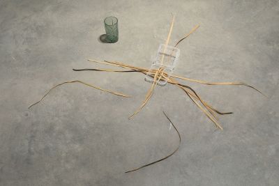 Artwork on a concrete floor including a glass and a plastic punnet