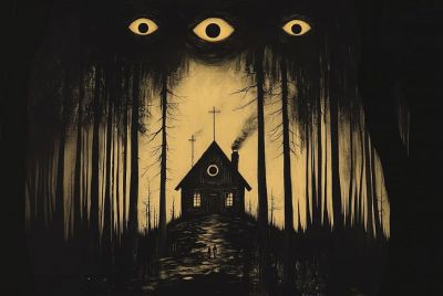 Three eyes look down on a cottage in a forest