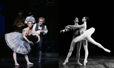 Two pairs of ballet dance performers dance on stage