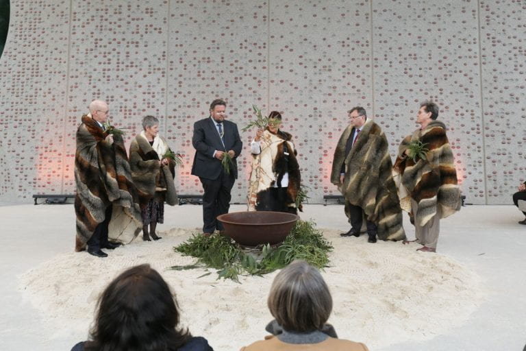 Parbin-ata Carolyn Briggs and Head of the Wilin Centre for Indigenous Arts and Cultural Development Tiriki Onus (centre) lead a Smoking Ceremony to kick off proceedings at The Ian Potter Southbank Centre on 1 June, 2019. They are joined, left to right, by Melbourne Conservatorium Director Gary McPherson, Faculty Executive Director Jane Richards, University of Melbourne Vice-Chancellor Duncan Maskell and Dean of the Faculty of Fine Arts and Music Barry Conyngham. By Sav Schulman.