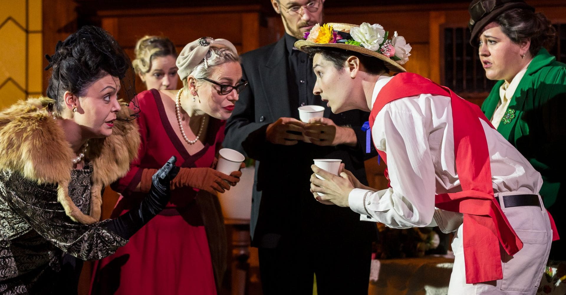  L–R: Master of Music (Opera Performance) students Esther Counsel, Emily Barber-Briggs, Joshua Erdelyi-Gotz, Alastair Cooper-Golec and Teresa Ingrilli in the Melbourne Conservatorium’s production of Albert Herring, 2019. By Ben Fon.  