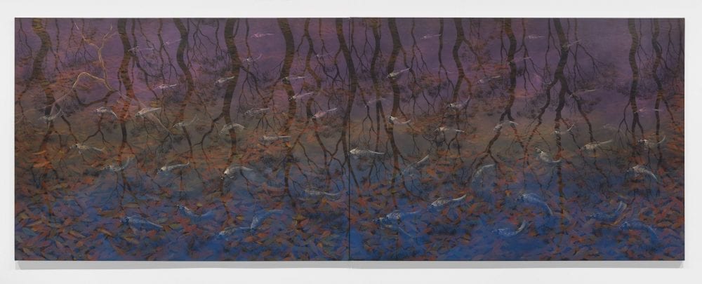 Fish & Leaves (Airport), 1995. Lin Onus. Synthetic polymer paint on canvas. 215 x 288cm ea Part A and part B.